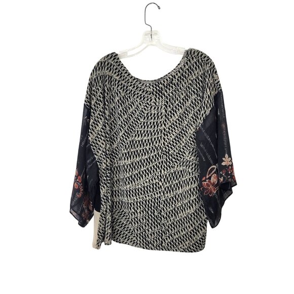 Chicos Travelers Black & Beige Patterned Pullover Top With Sheer Floral Sleeves - Picture 2 of 5